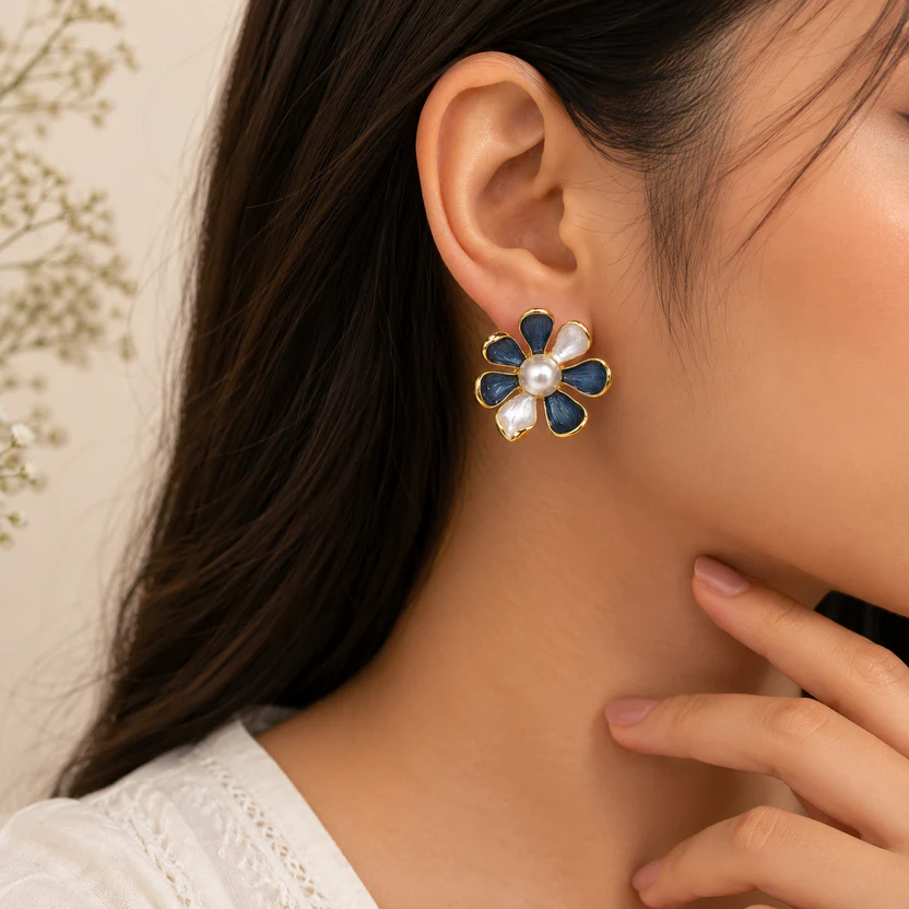 White Blue Flower Earrings